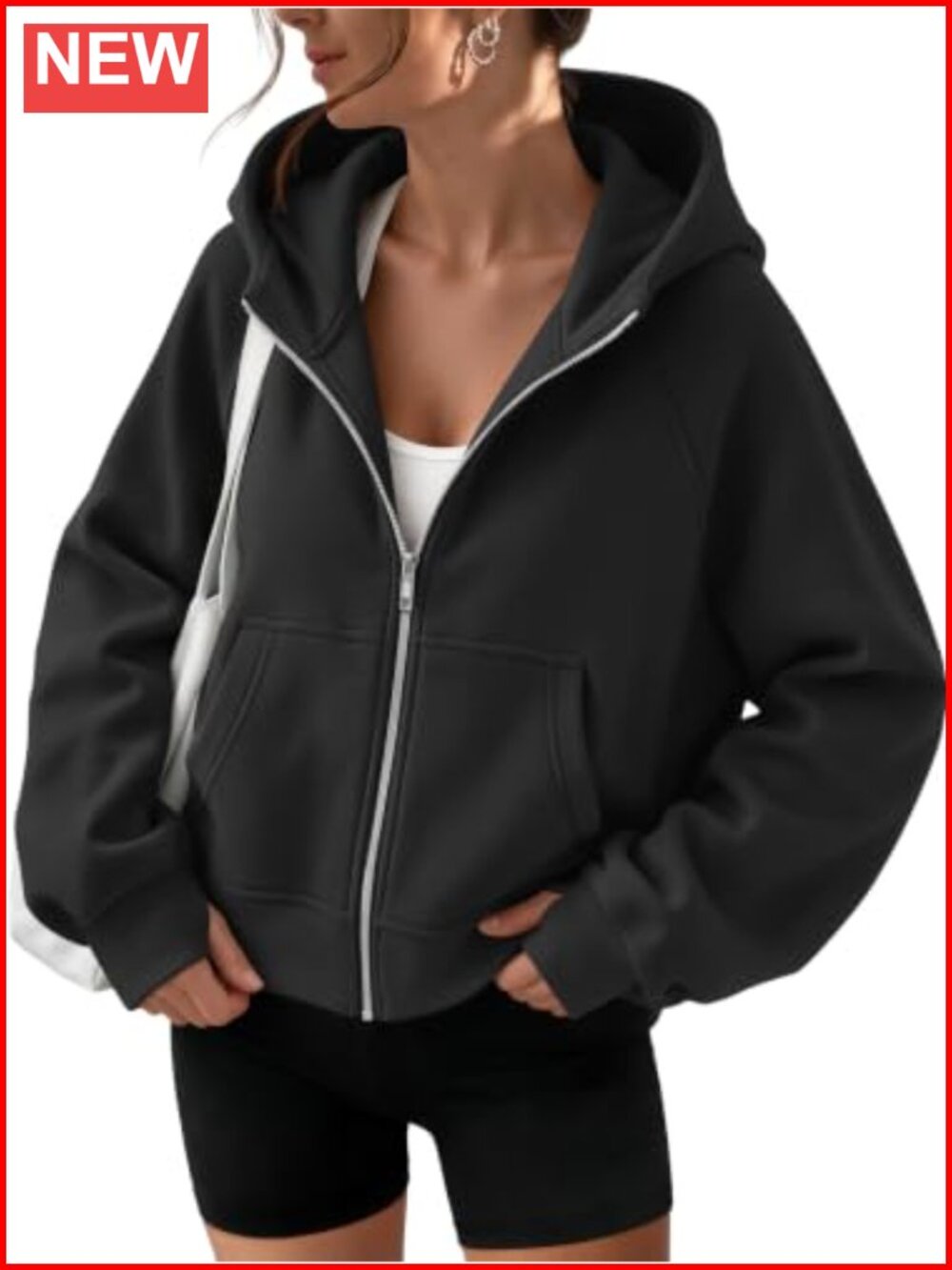 Fleece Lined Zip Up Cropped Hoodie Thumbhole Oversized Sweatshirt